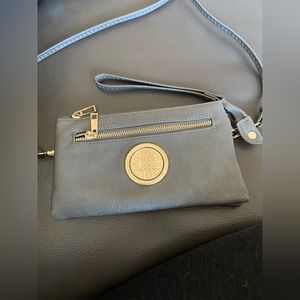 Gray Leather Crossbody Bag with Gold Insignia